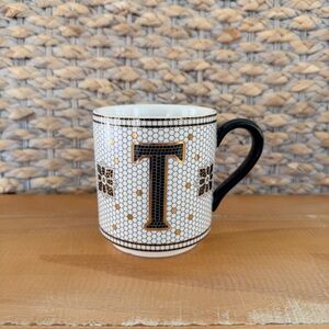 Anthropologie Coffee Mug Monogram Letter T Gold & Black Bistro Tile Honeycomb
